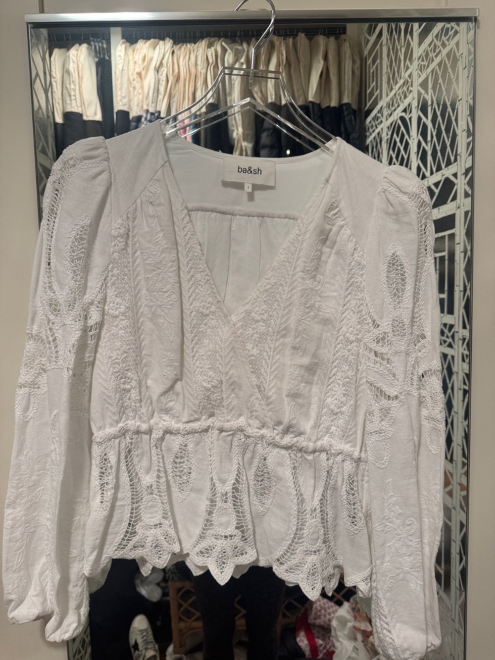 ba&sh White Embroidered V-Neck Peplum Blouse
